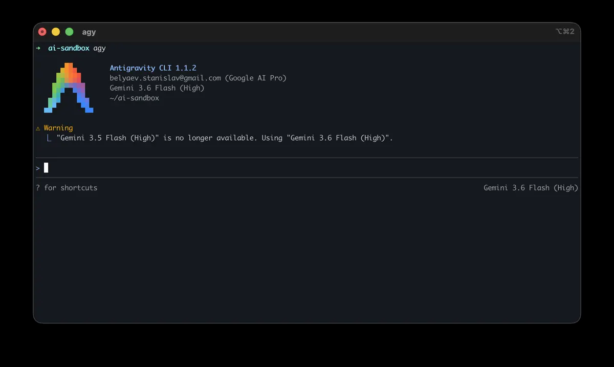 Antigravity CLI 1.1.2: модель переключилась сама, Gemini 3.5 Flash больше недоступна