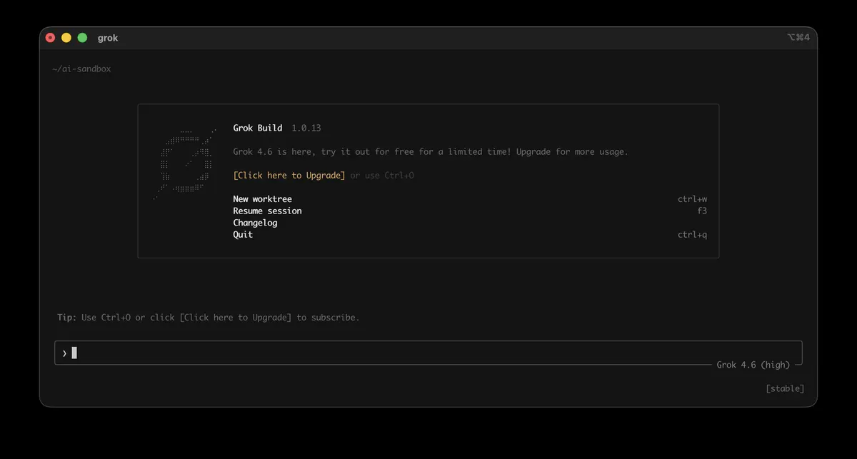 Grok Build 1.0.13: рабочие деревья и баннер про бесплатный доступ «на ограниченное время»