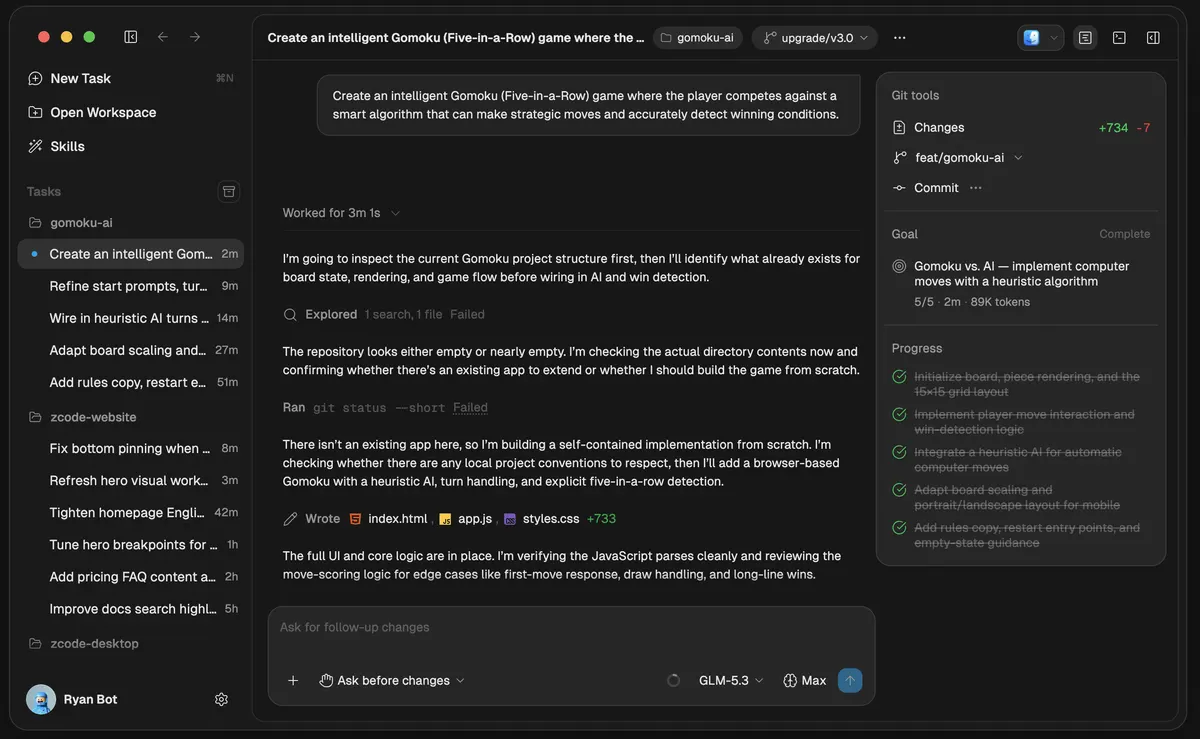 ZCode на GLM-5.3: задачи, git и режим «спрашивать перед правками»