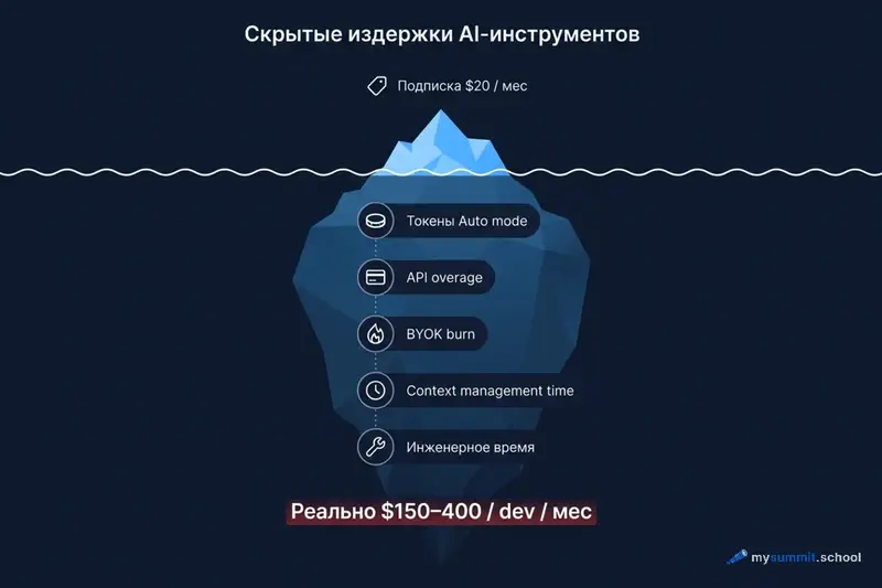 Скрытые издержки AI-инструментов: над водой – подписка $20, под водой – токены, API overage, BYOK burn, context management, инженерное время