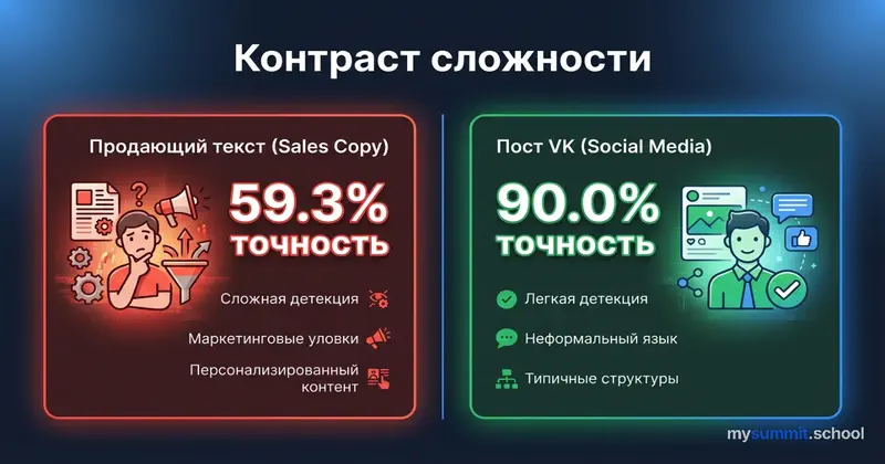Почему ИИ-контент в маркетинге неотличим от человеческого Сравнение маркетингового текста человека и нейросети: 59% точность распознавания