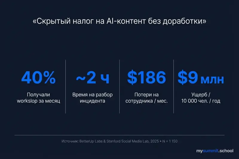 Скрытый налог на AI-контент: 40% получали workslop, ~2 часа на разбор, $186/мес. потери, $9 млн/год на 10 000 чел. Источник: BetterUp Labs & Stanford, 2025