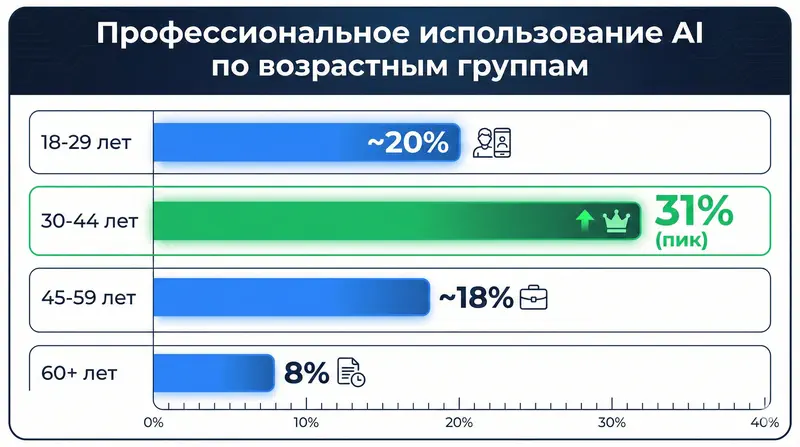 Профессиональное использование AI по возрастным группам