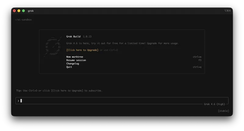 Grok Build 1.0.13 на Grok 4.6: стартовый экран с предложением бесплатного доступа