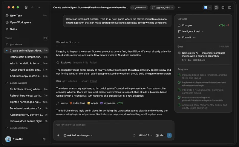 ZCode: десктопное окно со списком задач, панелью git и прогрессом по шагам