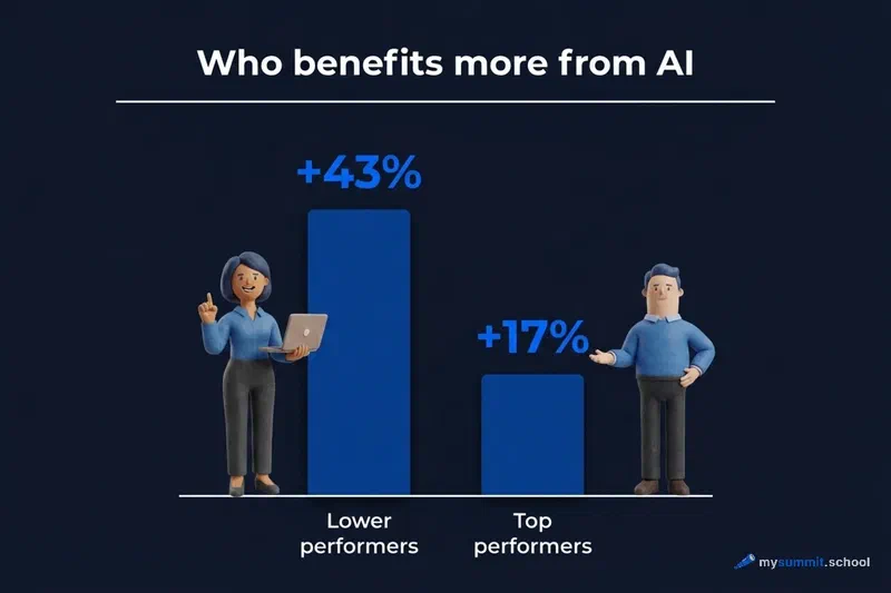Who benefits more from AI: +43% for lower performers vs. +17% for top performers