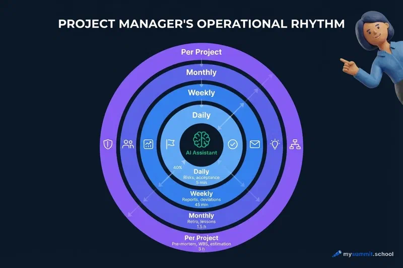 Four levels of the PM’s operational rhythm with an AI assistant at the centre