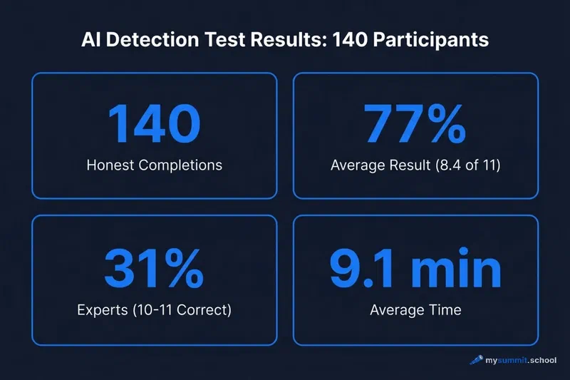 Test statistics: how well people distinguish AI text from human writing AI content detection test results: 140 participants, 77% average accuracy