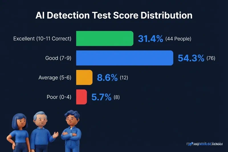 How participants performed at AI content detection Test score distribution: 31% experts, 6% below random guessing