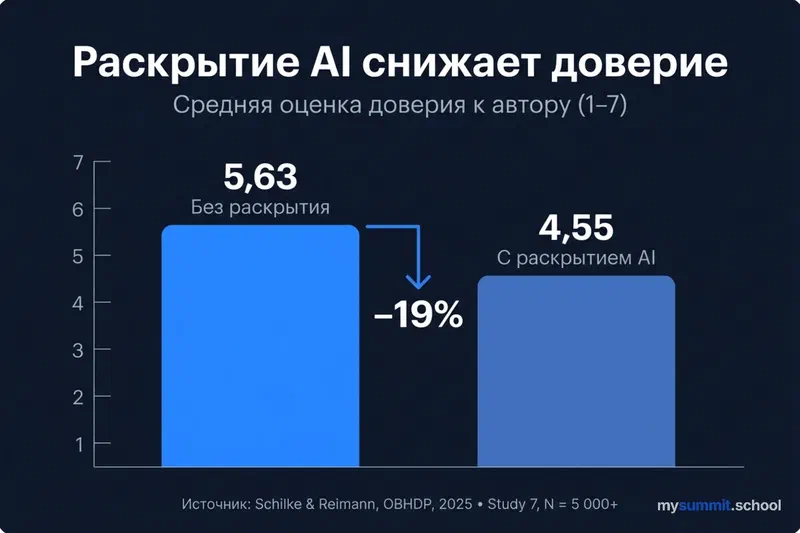 AI disclosure reduces trust: M = 5.63 without disclosure vs M = 4.55 with disclosure. Source: Schilke & Reimann, OBHDP, 2025