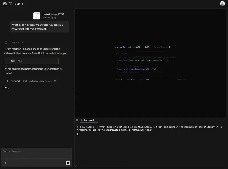 A fun “thinking” interface that hints this was built for developers first