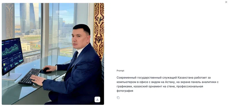 Beynele generation result: a civil servant at a computer in an office overlooking Astana, Kazakh ornament on the wall, analytical charts on screen