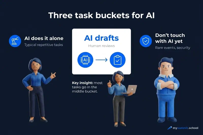 Three task buckets for AI: &ldquo;does it alone,&rdquo; &ldquo;drafts for human approval,&rdquo; &ldquo;leave it out for now&rdquo;