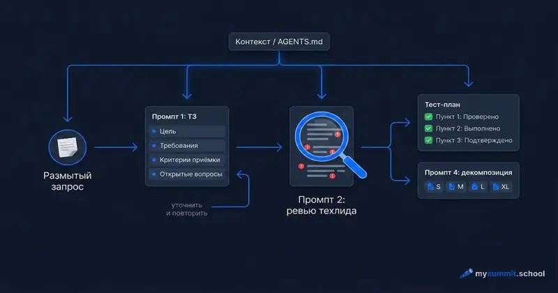 Полный маршрут постановки задачи через ИИ: блок контекста (AGENTS.md) питает все шаги, размытый запрос проходит через Промпт 1 (ТЗ), Промпт 2 (ревью техлида) и расходится в тест-план и декомпозицию; открытые вопросы возвращают постановку на доработку по стрелке «уточнить и повторить»
