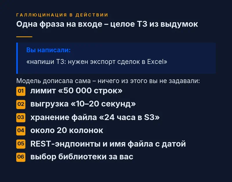 Одна фраза «нужен экспорт сделок в Excel» – и модель дописала лимит 50 000 строк, выгрузку 10–20 секунд, хранение 24 часа в S3, около 20 колонок, REST-эндпоинты и выбор библиотеки, ничего из этого заказчик не задавал