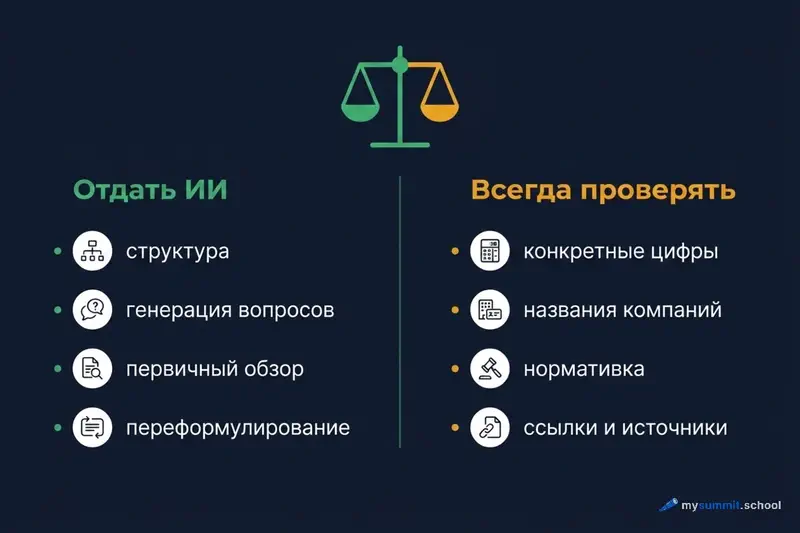 Что отдать ИИ в ресёрче и что проверять всегда: слева – структура, генерация вопросов, первичный обзор, переформулирование; справа – конкретные цифры, названия компаний, нормативка, ссылки и источники