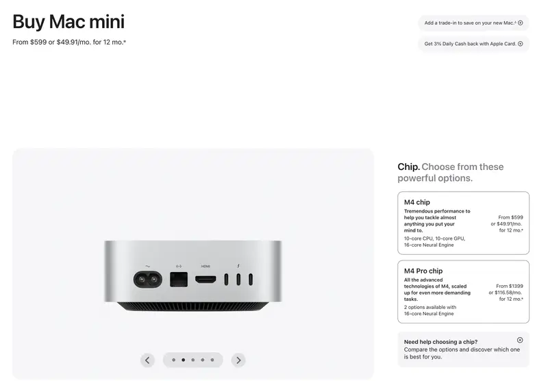 Mac Mini на сайте Apple, с 16 Gb