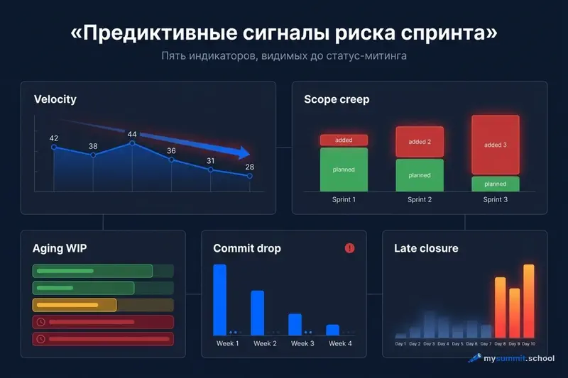 Пять сигналов риска спринта на одном дашборде: падение скорости команды, разрастание содержания, стареющая работа в процессе, спад коммитов, поздние закрытия задач