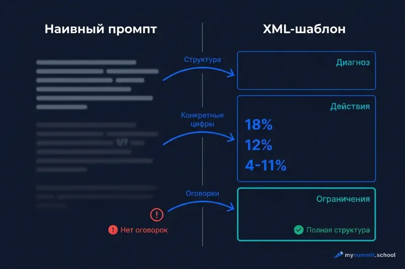 Наивный промпт vs XML-шаблон