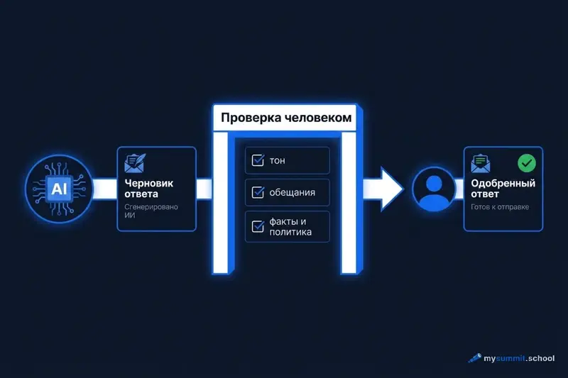 Безопасный режим: ИИ готовит черновик ответа, человек проверяет тон, обещания и соответствие политике, и только одобренный ответ уходит клиенту