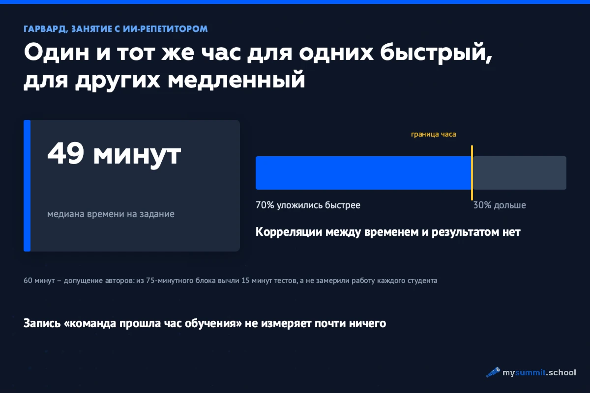 Столбчатая диаграмма: 70% студентов занимались с ИИ-репетитором меньше 60 минут, 30% дольше; медиана 49 минут, корреляции между временем и результатом нет.