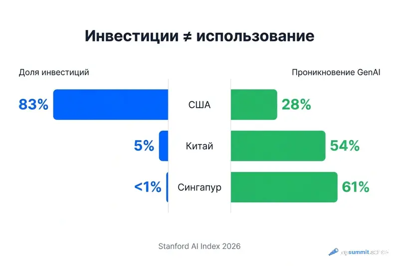 Инвестиции ≠ использование – расходящиеся столбцы: США 83% инвестиций но 28% проникновения, Сингапур <1% инвестиций но 61% проникновения