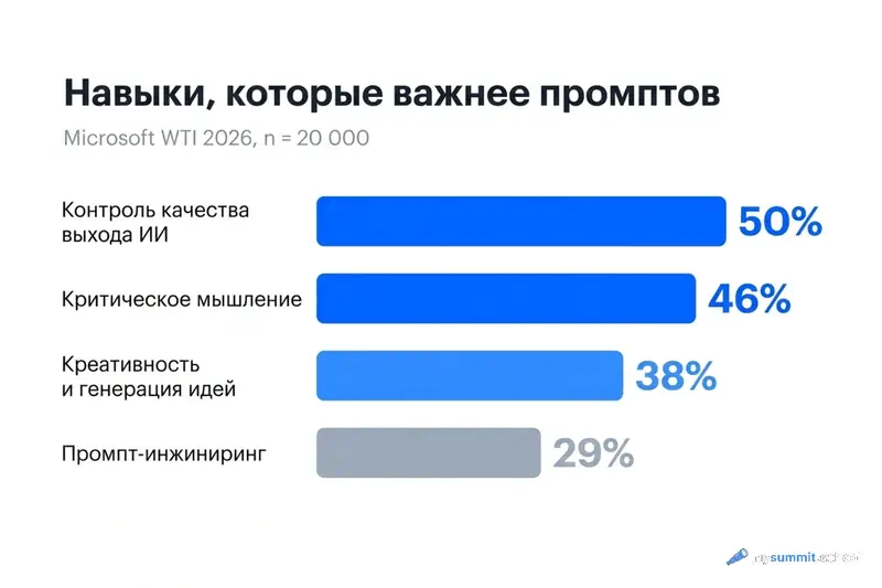 Навыки, которые важнее промптов – горизонтальная диаграмма: контроль качества 50%, критическое мышление 46%, креативность 38%, промпт-инжиниринг 29%