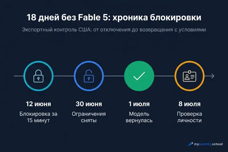 Хроника блокировки Fable 5: 12 июня блокировка за 15 минут, 30 июня ограничения сняты, 1 июля модель вернулась, 8 июля проверка личности
